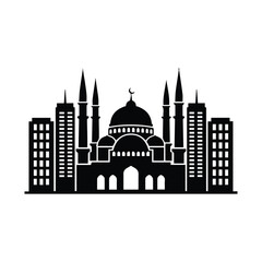 Fototapeta premium Modern mosque in cityscape with tall buildings and minarets