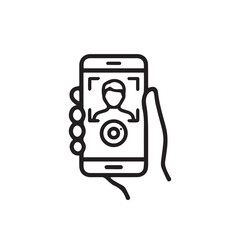 Mobile Selfie, Video Call and Social Media Interaction Icon Set Featuring People Using Smartphone, Camera and Online Communication, Isolated Vector Illustration