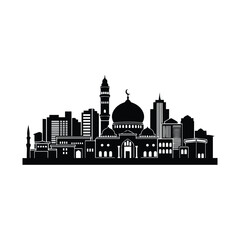 Fototapeta premium Modern cityscape with mosque and skyscrapers in black silhouette