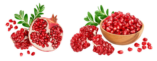 Pomegranate seeds in wooden bowl isolated on white background with full depth of field. Top view. Flat lay
