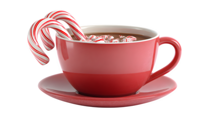 A hot breakfast beverage set features a white coffee cup of espresso on a saucer, a mug of chocolate with milk, and a festive drink with candy canes isolated on a brown plate with a spoon