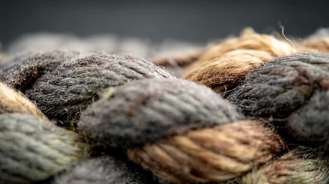 This closeup depicts a detailed view of a single piece of rope showcasing its texture twists and knots Extreme closeup of the woven threads in a piece of fabric