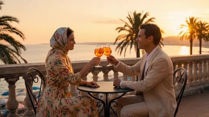 Couple enjoys drinks at sunset by the coast with palm trees in background