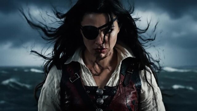 Determined Woman Pirate with Eye Patch on Stormy Ocean Background