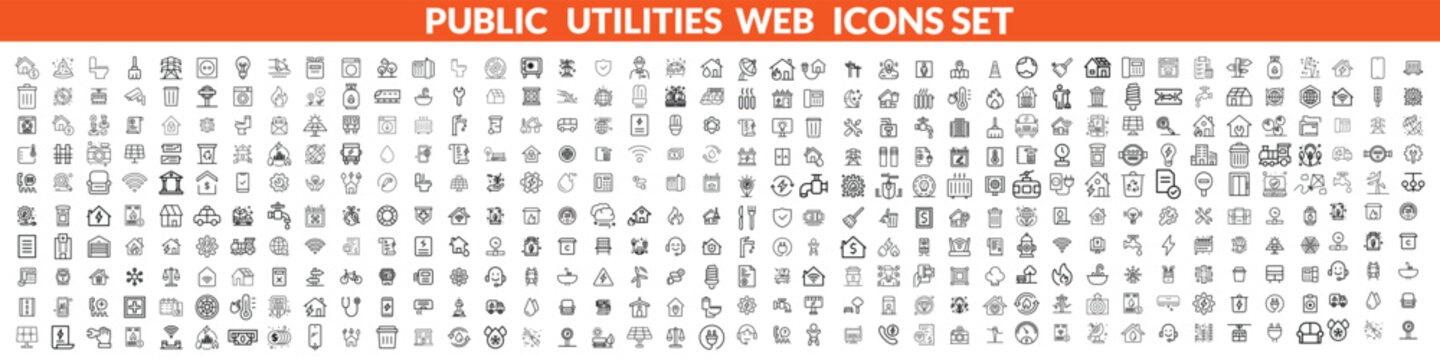 Public utilities web icons line set. Public Utilities Water, Fuel, Electricity, gas, garage, Solar House, Rent receipt, Maintainence, and More Public utilities big icon set design vector illustration.