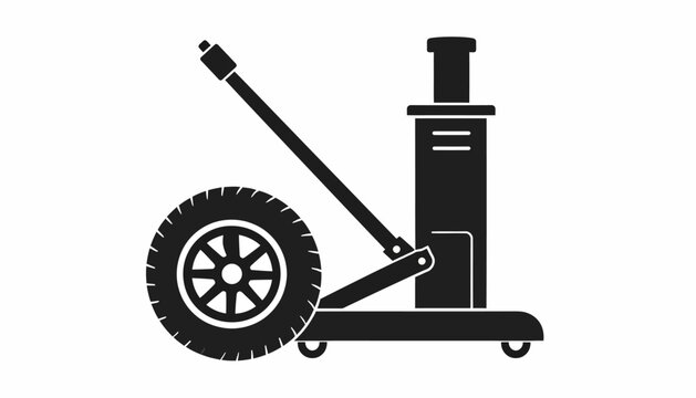 Black and white illustration of a car jack and tire.