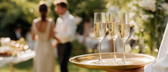 Elegant wedding celebration captured with champagne glasses on a brass tray in a garden setting during summer festivities