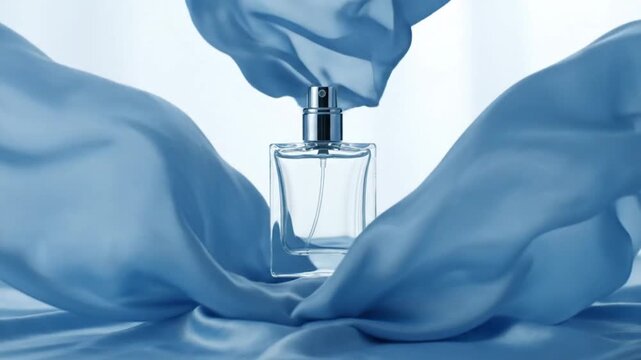 Luxury fragrance bottle surrounded by elegant blue satin cloth