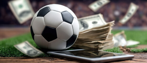 sports betting, bookmaker, gambling. Betting on sports brings chaos as money and a soccer ball collide on the field