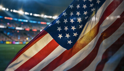 drapeau am&eacute;ricain flottant dans un stade &eacute;clair&eacute;, ambiance sport
