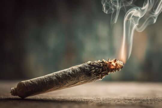 Close-up photograph of a lit cannabis joint with warm lighting and macro detail