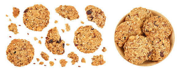Granola cookie isolated on white background with full depth of field. Top view. Flat lay.