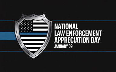 National Law Enforcement Appreciation Day Banner with Silver Police Shield Thin Blue Line and American Flag for January 9th Community Support