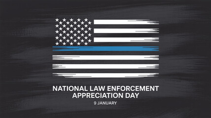 National Law Enforcement Appreciation Day Grunge American Flag with Thin Blue Line on Dark Background for January 9th Police Support Tribute