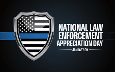 National Law Enforcement Appreciation Day Banner with Silver Police Shield Thin Blue Line and American Flag for January 9th Community Support