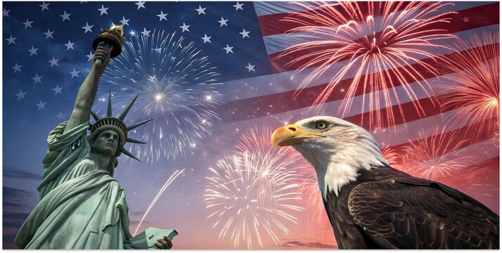 United States 250 years salute patriotic celebration with Statue of Liberty fireworks eagle and skyline.