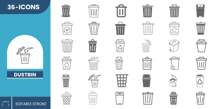 Dustbin Icon Set Vector Editable &ndash; Garbage Can, Trash Bin, Waste Disposal & Recycling Symbols. 