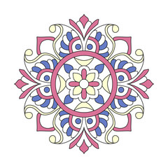 Relaxing Colorful mandala design in pink, blue, and yellow