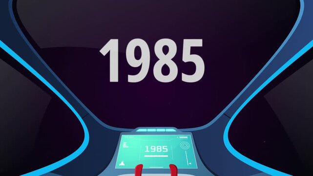 Time travel cockpit with futuristic animation jump to the year 1985. Ideal for content creators, tech presentations, future concepts, and cinematic video projects.