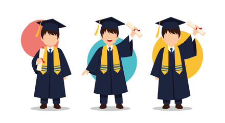 Three young boys wearing graduation caps and gowns holding diplomas while celebrating their academic achievements and successful future.