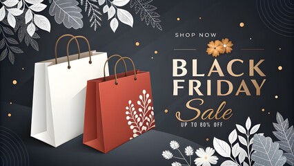 Abstract background of Black Friday sales with shopping bags and decorative natural hand drawn elements