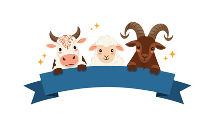 Fototapeta premium Cute farm animals including a cow, sheep, and goat peeking curiously over a large blue ribbon banner with small gold stars around them.