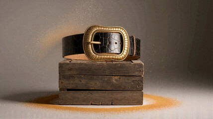 Leather belt with gold buckle displayed on wooden blocks  