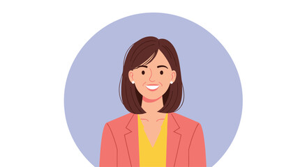 Professional portrait of a smiling woman with medium-length dark hair wearing a stylish peach blazer inside a light purple circle frame.