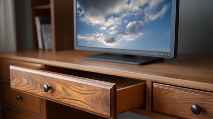 Fototapeta premium A partially open wooden desk drawer next to a computer monitor displaying a blue sky with clouds