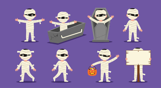 Collection of cute mummy characters in different spooky poses and actions for Halloween decorations or festive party celebrations.