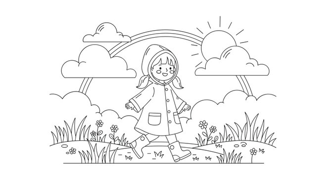 Simple line art coloring page for children featuring a happy girl walking in a raincoat with a rainbow and sun in the background.