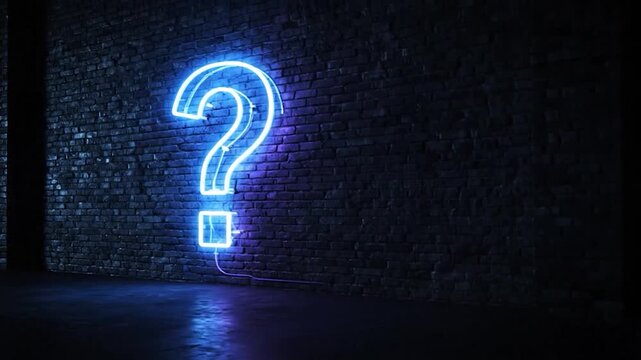 Neon question mark on brick wall
