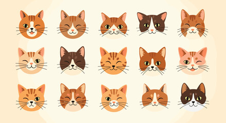 Obraz premium Large set of cute cat head icons showing various breeds, colors, and facial expressions such as happy, winking, and sleeping.