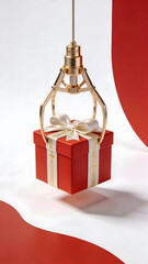 Robotic Claw Lifting Red Gift Box with Ribbon on Minimal Background