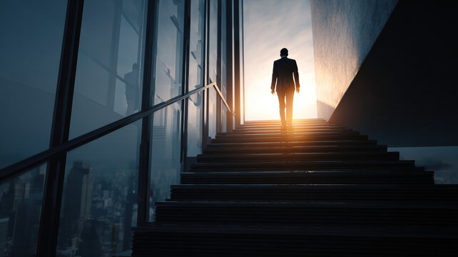 Business Person Climbing Stairs Toward Bright Light in Modern Office Building Success Career Growth Ambition Concept