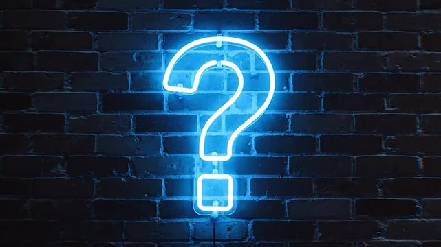 Neon question mark on brick wall