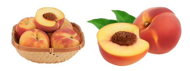 Ripe peach fruit with half in a wicker basket isolated on white background with full depth of field