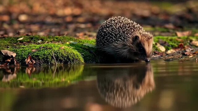A hedgehog drinks from a woodland pool, its reflection clear in the water