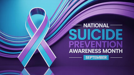 National Suicide Prevention Awareness Month Banner with Teal and Purple Ribbon for Mental Health Advocacy Crisis Support and Medical Campaigns
