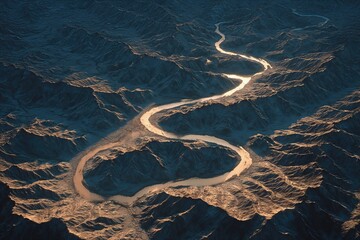 Glowing River Flowing Through Dark Mountain Landscape