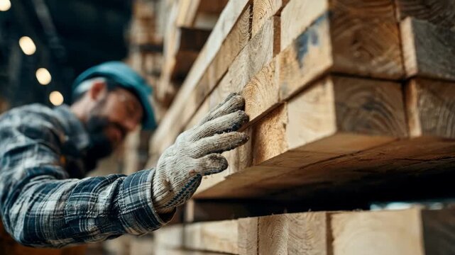 Closeup medium shot of a skilled worker stacking lumber tightly for maximum space efficiency in a storage facility.