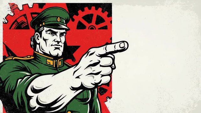 Strong man in uniform clenching fist then pointing finger. Propaganda poster style illustration for political or social campaign.