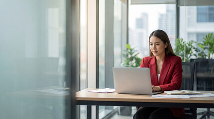 Focused latin business woman accountant working on laptop computer reading financial contract document in office workplace. Mature manager businesswoman specialist doing paperwork using pc. Copy space
