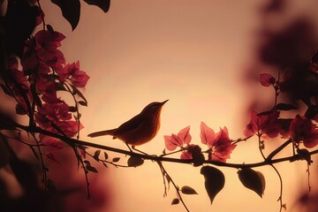 Small Bird Perched on Branch at Sunset