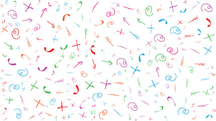 Colorful Hand-Drawn Symbols and Arrows on White Background for Creative Projects and Educational Materials
