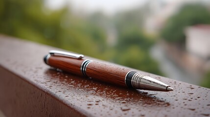 A sleek wooden pen rests on a wet surface outdoors with a blurred cityscape in the background on a rainy day