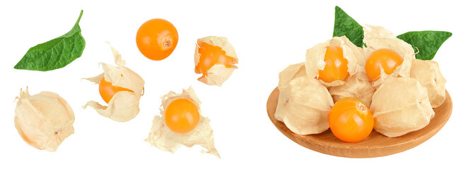 Cape gooseberry or physalis in wooden bowl isolated on white background wit full depth of field. Top view. Flat lay