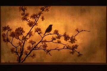 Small Bird Perched on Branch at Sunset