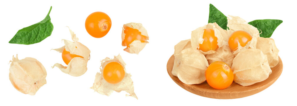 Cape gooseberry or physalis in wooden bowl isolated on white background wit full depth of field. Top view. Flat lay