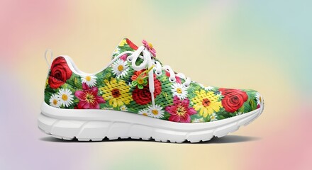 Sneaker with floral print on pastel color background as stylish and colorful footwear